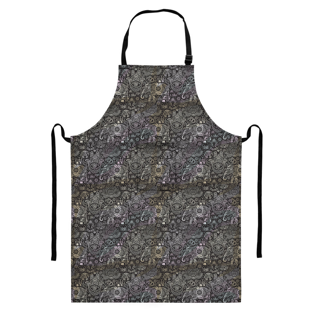Indian Boho Elephant Pattern Print Bib Apron With Pocket