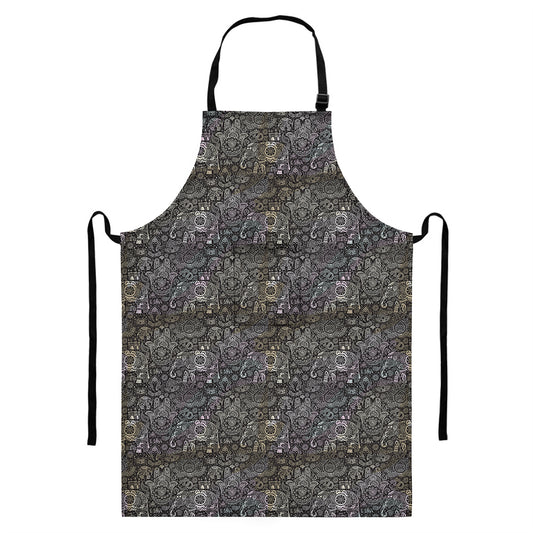 Indian Boho Elephant Pattern Print Bib Apron With Pocket