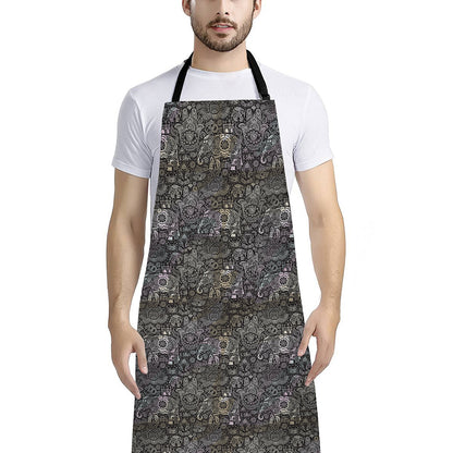 Indian Boho Elephant Pattern Print Bib Apron With Pocket