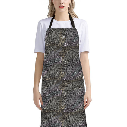 Indian Boho Elephant Pattern Print Bib Apron With Pocket