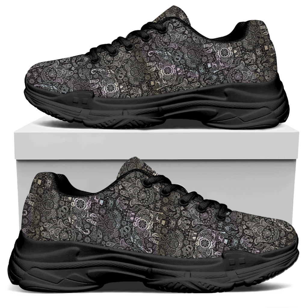 Indian Boho Elephant Pattern Print Black Chunky Shoes