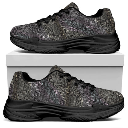 Indian Boho Elephant Pattern Print Black Chunky Shoes