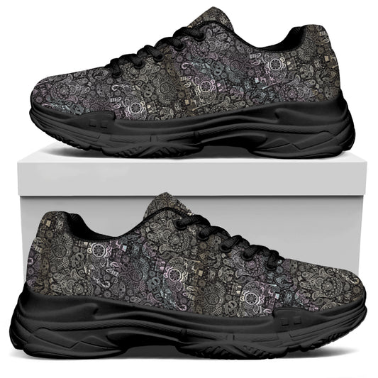 Indian Boho Elephant Pattern Print Black Chunky Shoes