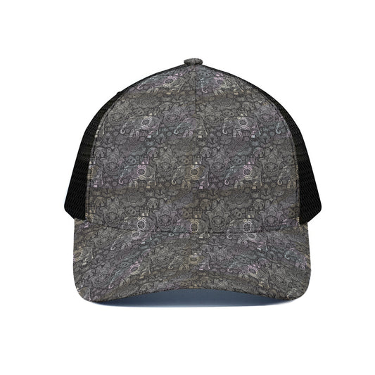 Indian Boho Elephant Pattern Print Black Mesh Trucker Cap