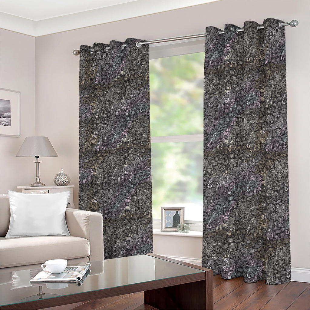 Indian Boho Elephant Pattern Print Blackout Grommet Curtains