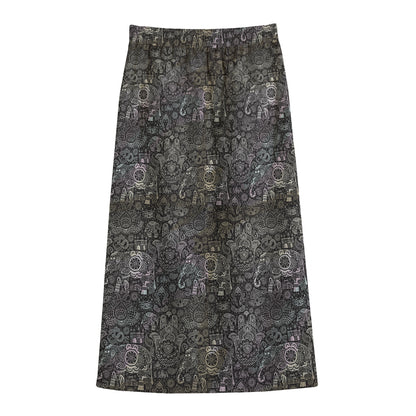 Indian Boho Elephant Pattern Print Cotton Front Slit Maxi Skirt