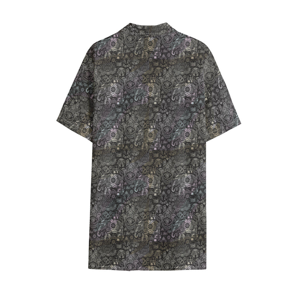 Indian Boho Elephant Pattern Print Cotton Hawaiian Shirt