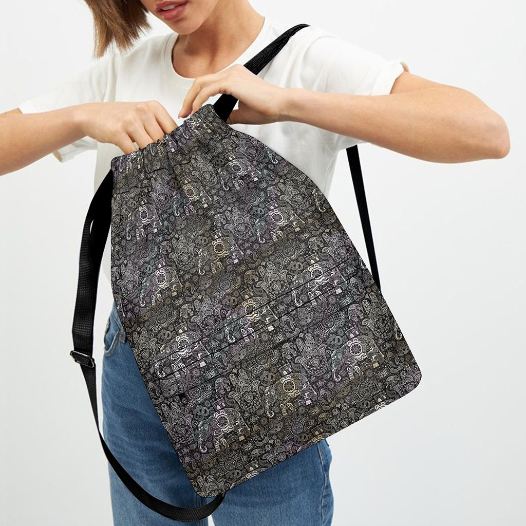 Indian Boho Elephant Pattern Print Drawstring Backpack