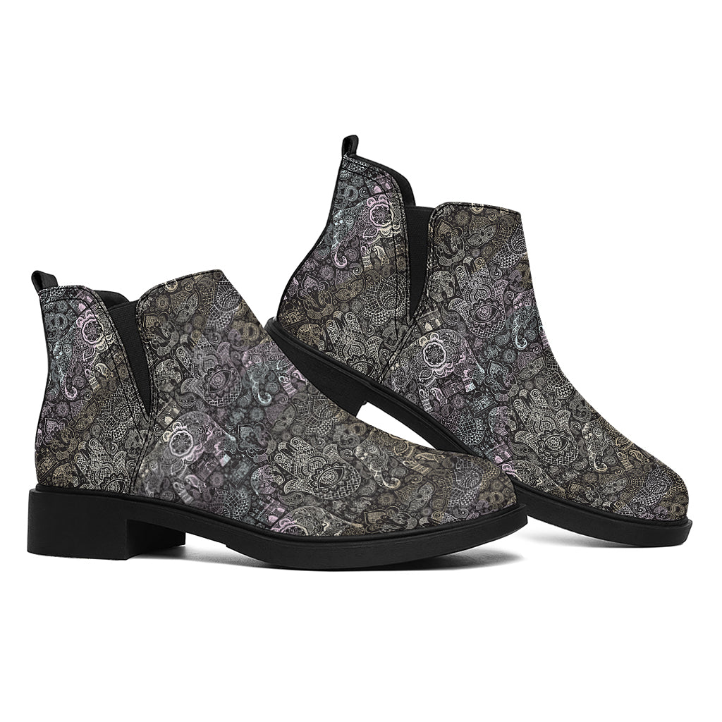 Indian Boho Elephant Pattern Print Flat Ankle Boots