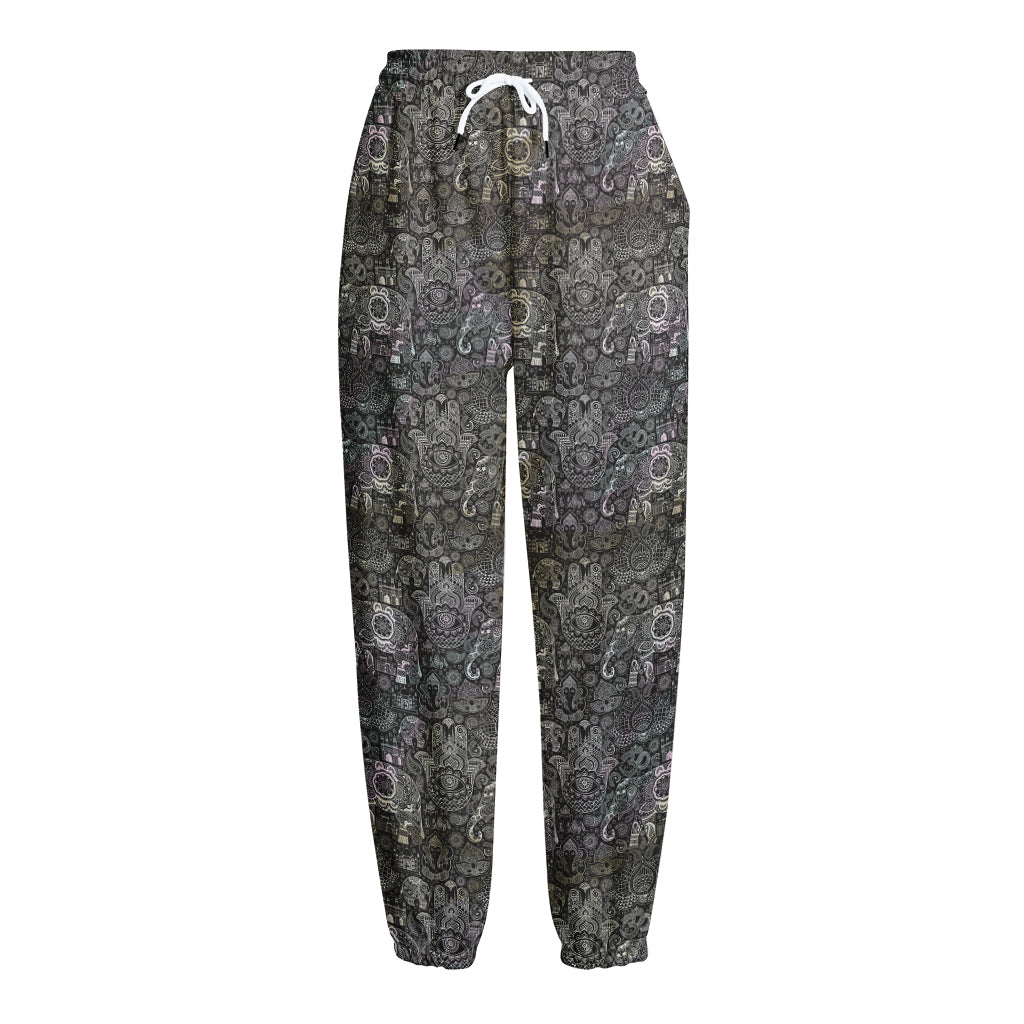Indian Boho Elephant Pattern Print Fleece Lined Knit Pants