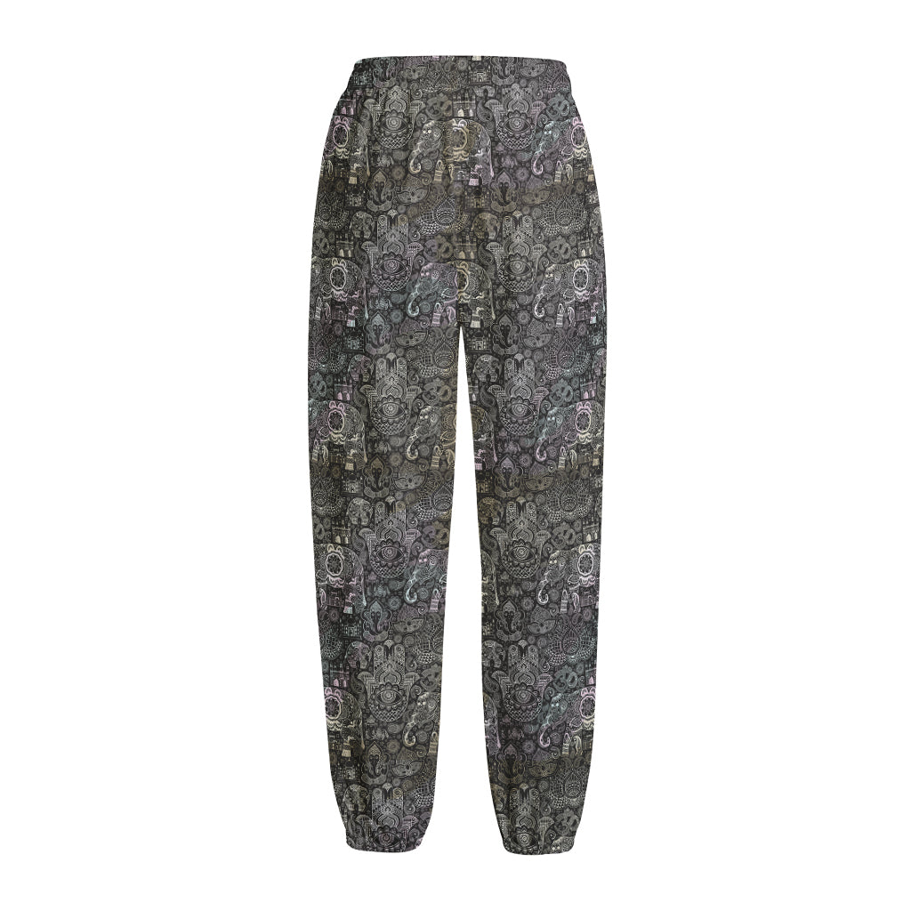 Indian Boho Elephant Pattern Print Fleece Lined Knit Pants