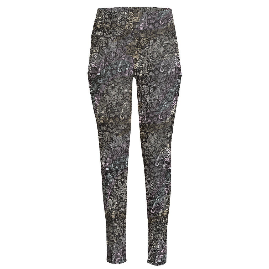 Indian Boho Elephant Pattern Print High-Waisted Pocket Leggings