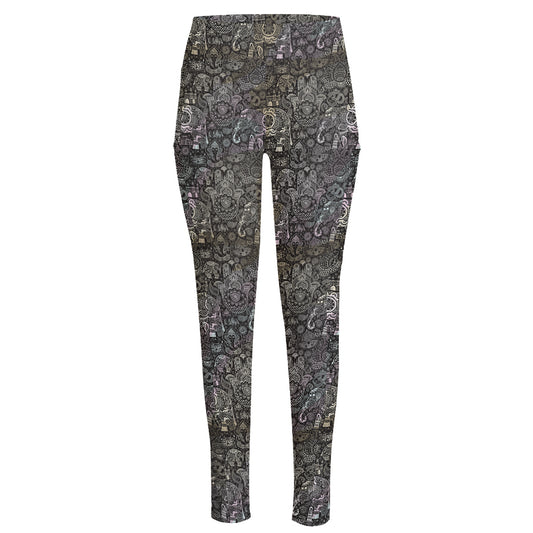 Indian Boho Elephant Pattern Print High-Waisted Pocket Leggings