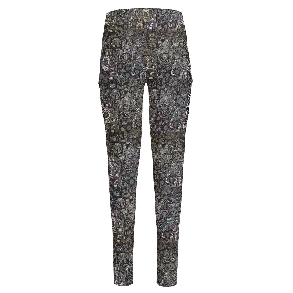 Indian Boho Elephant Pattern Print High-Waisted Pocket Leggings