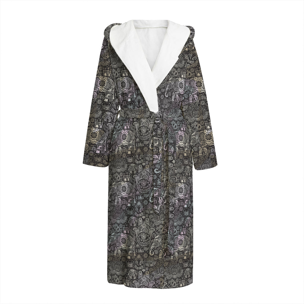 Indian Boho Elephant Pattern Print Hooded Bathrobe