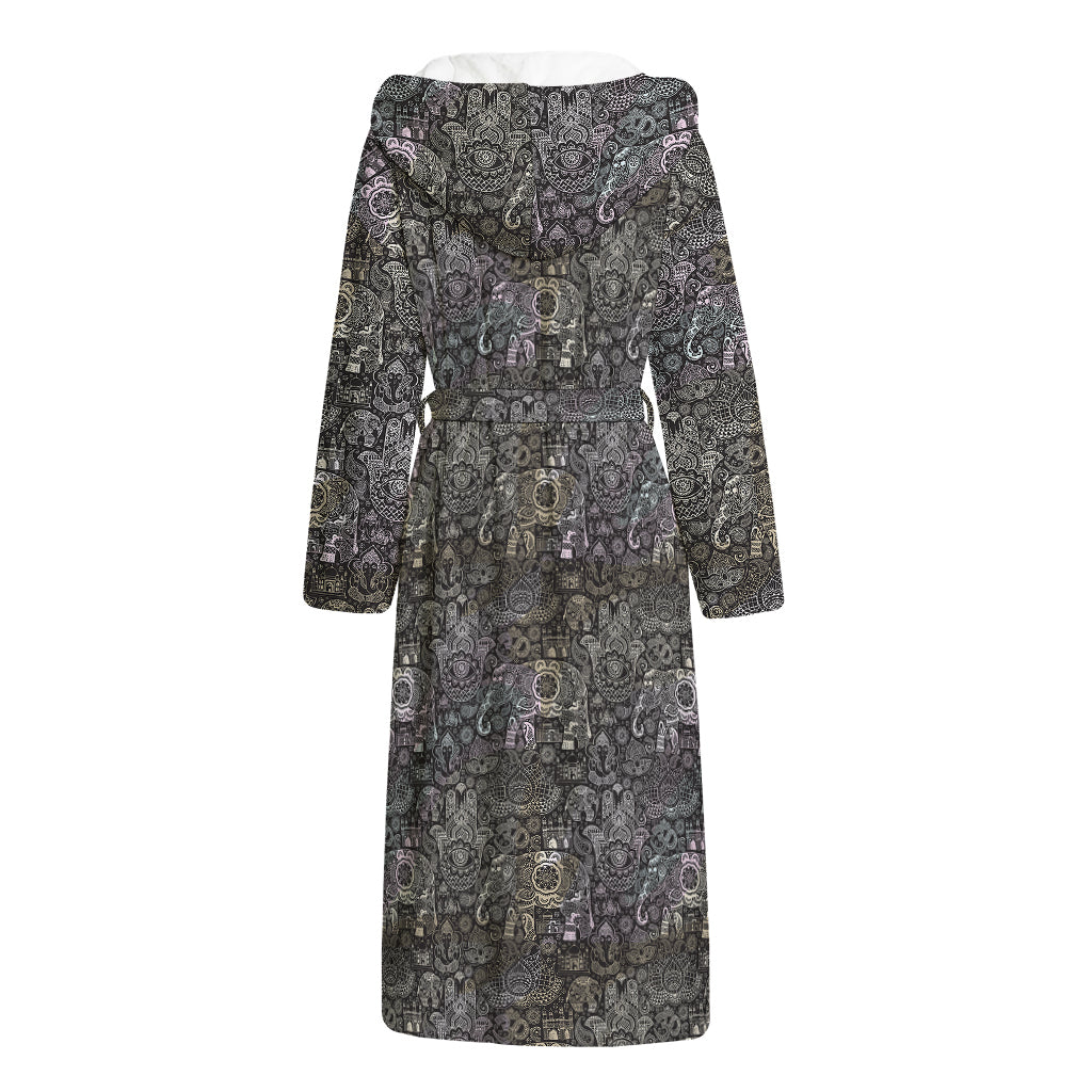 Indian Boho Elephant Pattern Print Hooded Bathrobe