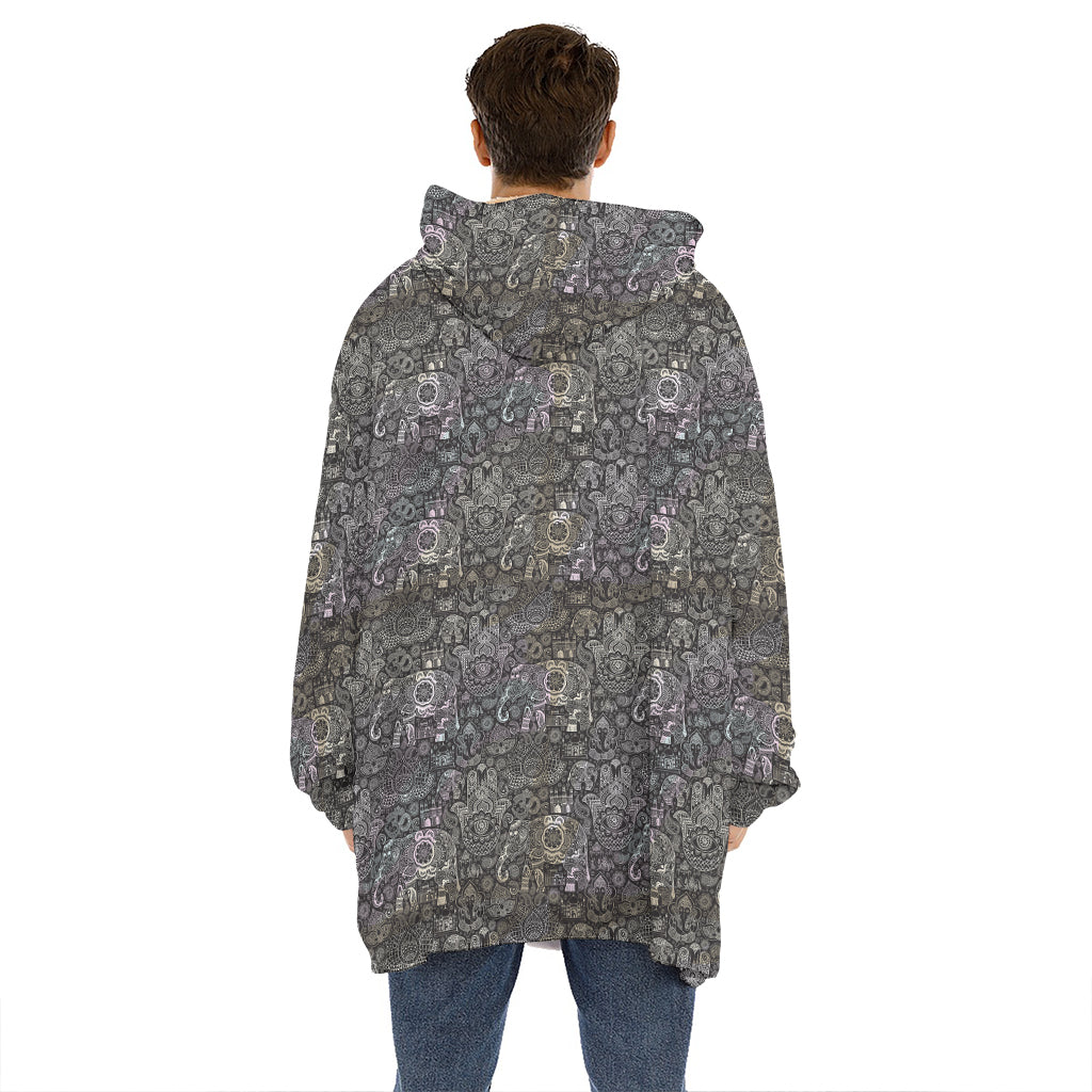 Indian Boho Elephant Pattern Print Hoodie Blanket