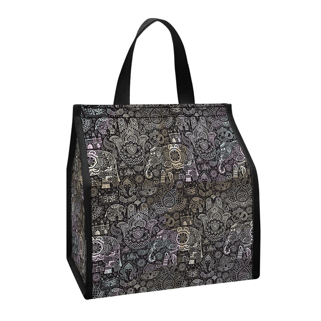 Indian Boho Elephant Pattern Print Insulated Lunch Tote