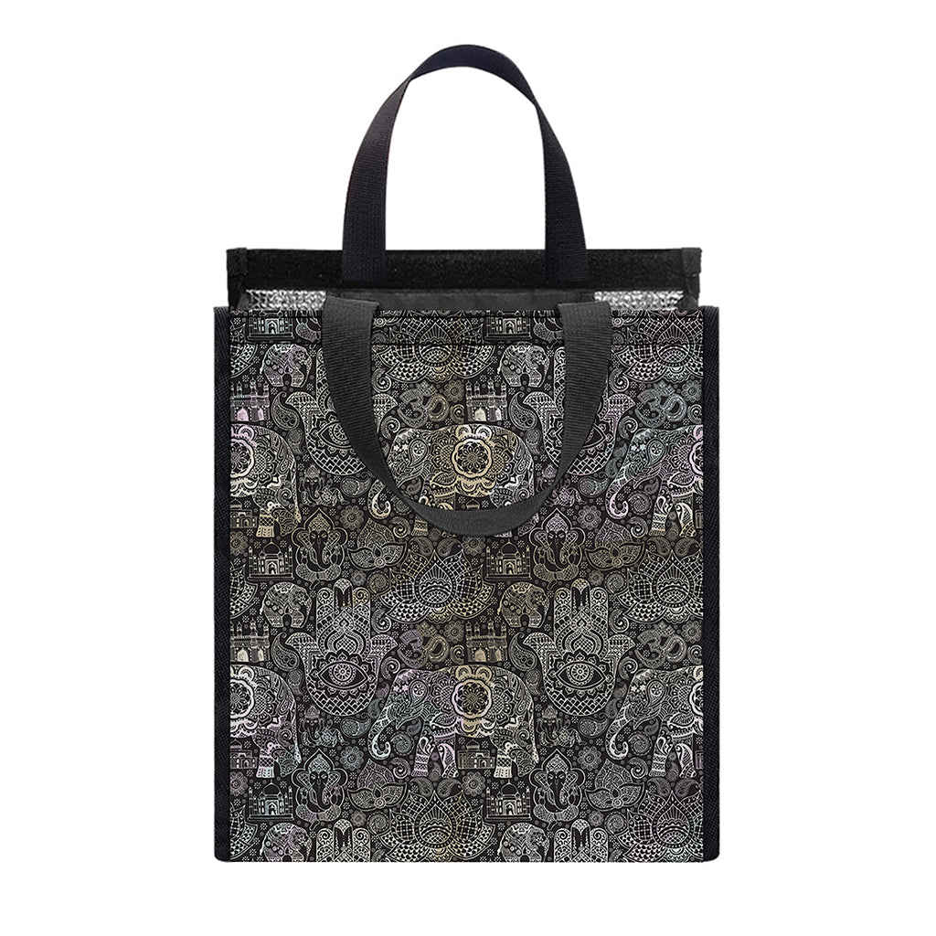 Indian Boho Elephant Pattern Print Insulated Lunch Tote