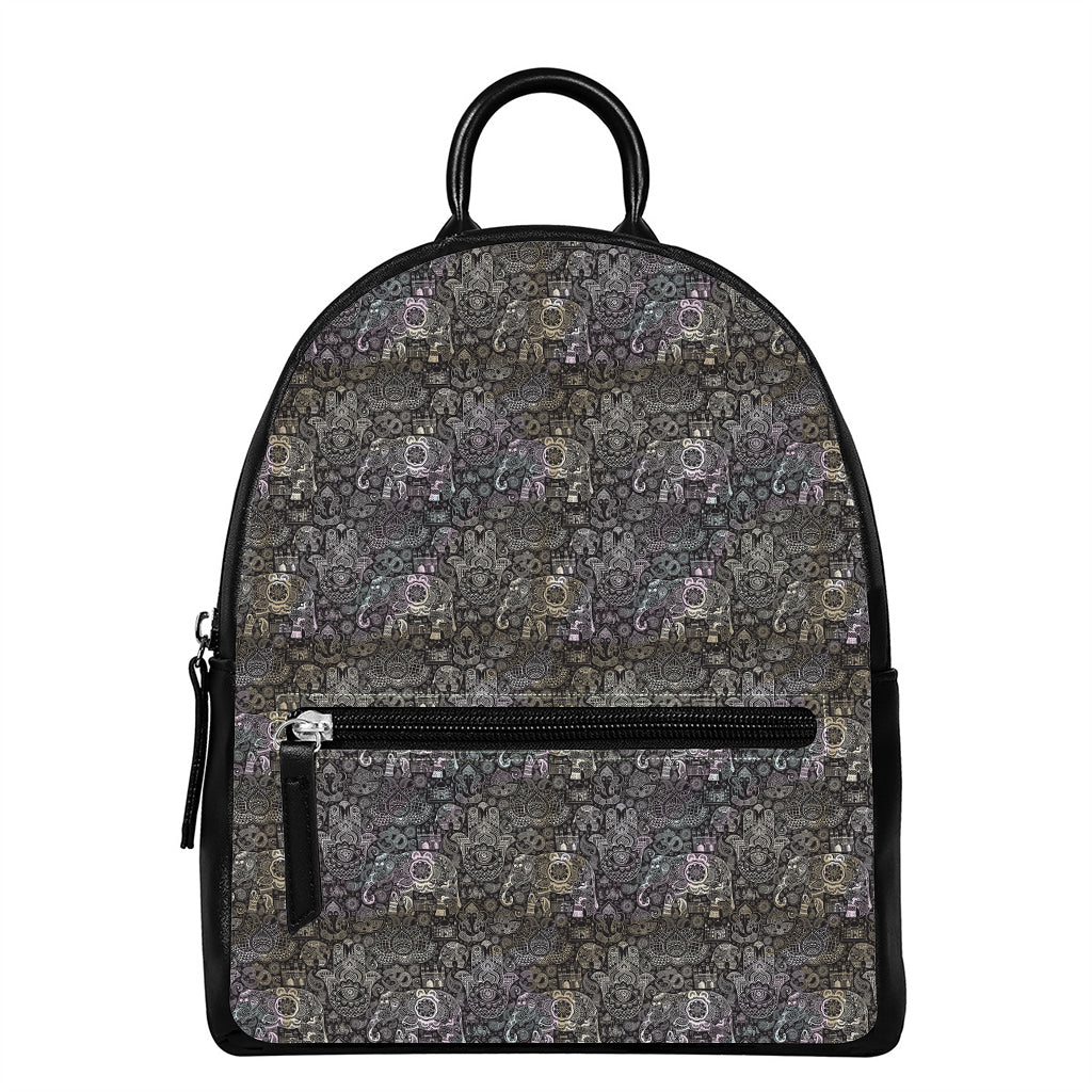 Indian Boho Elephant Pattern Print Leather Backpack