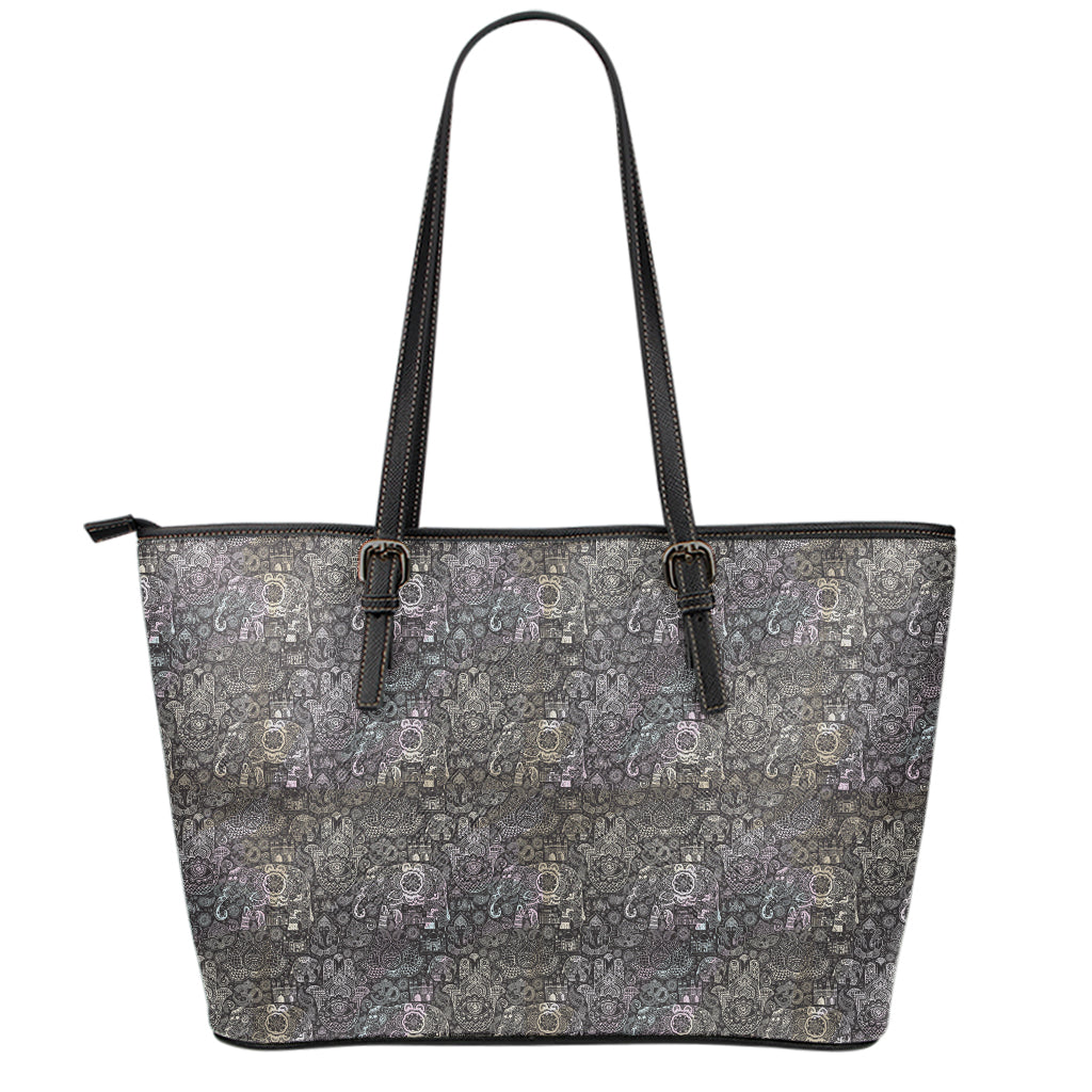 Indian Boho Elephant Pattern Print Leather Tote Bag