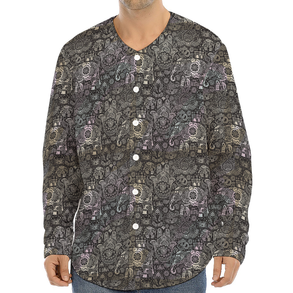 Indian Boho Elephant Pattern Print Long Sleeve Baseball Jersey