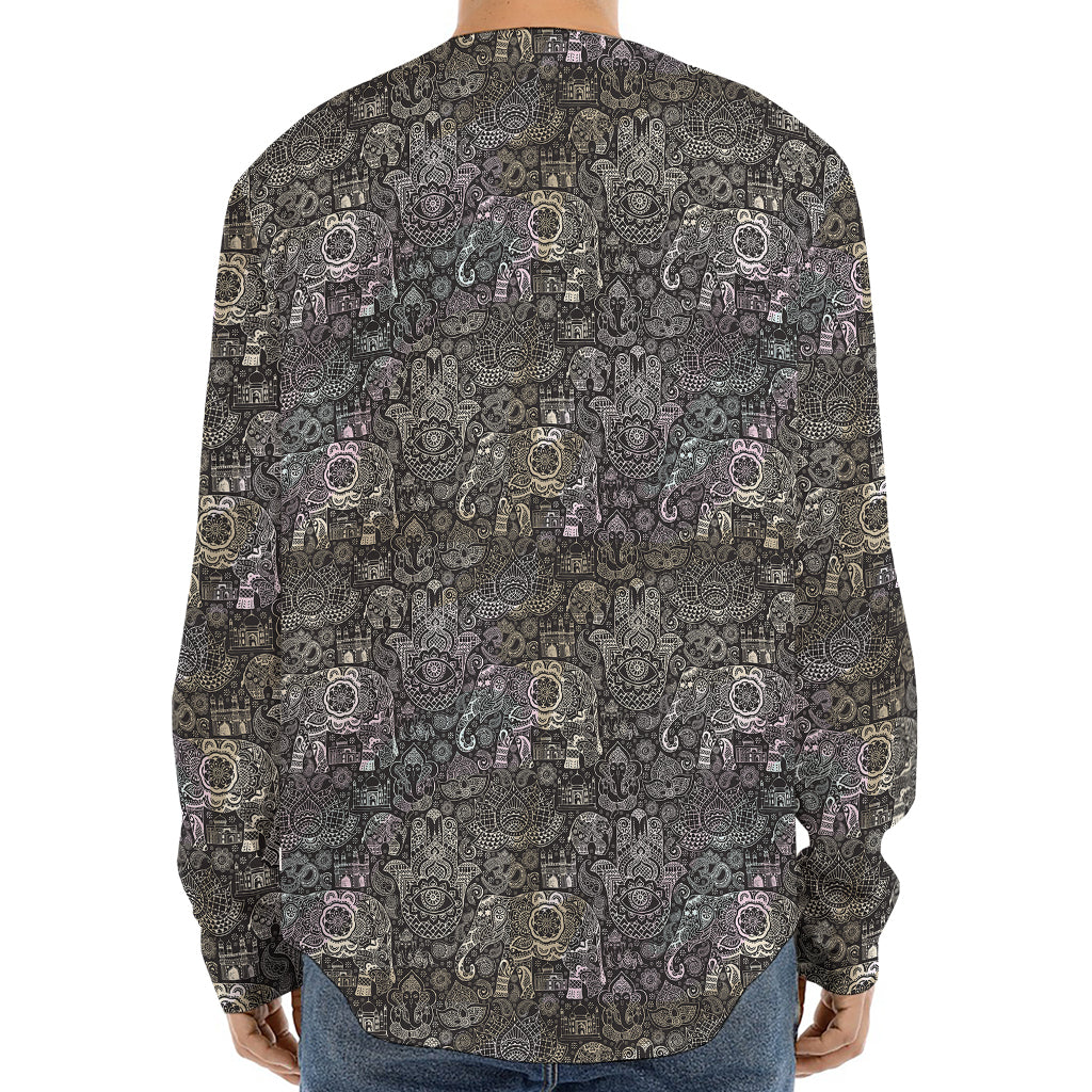 Indian Boho Elephant Pattern Print Long Sleeve Baseball Jersey