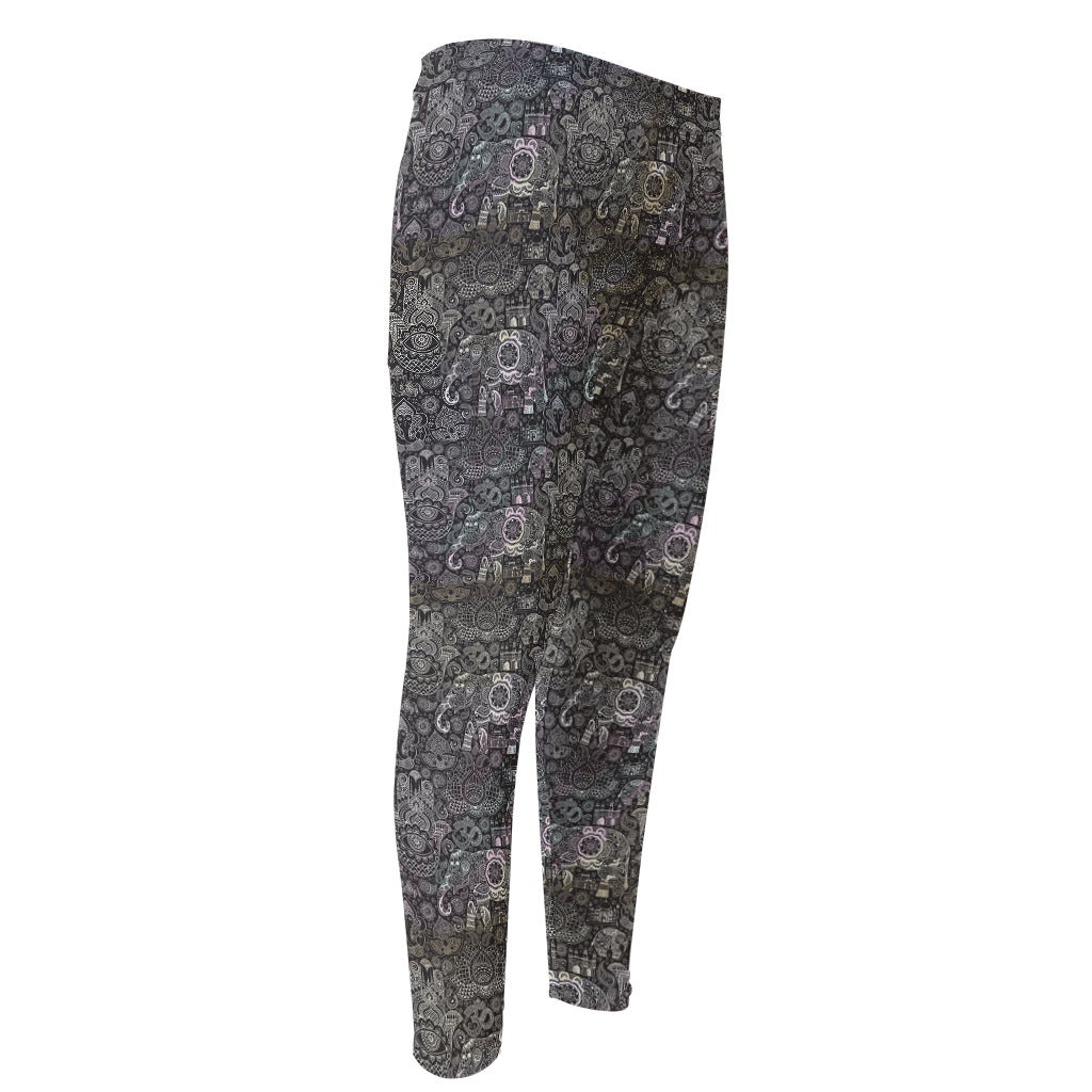 Indian Boho Elephant Pattern Print Men's Compression Pants