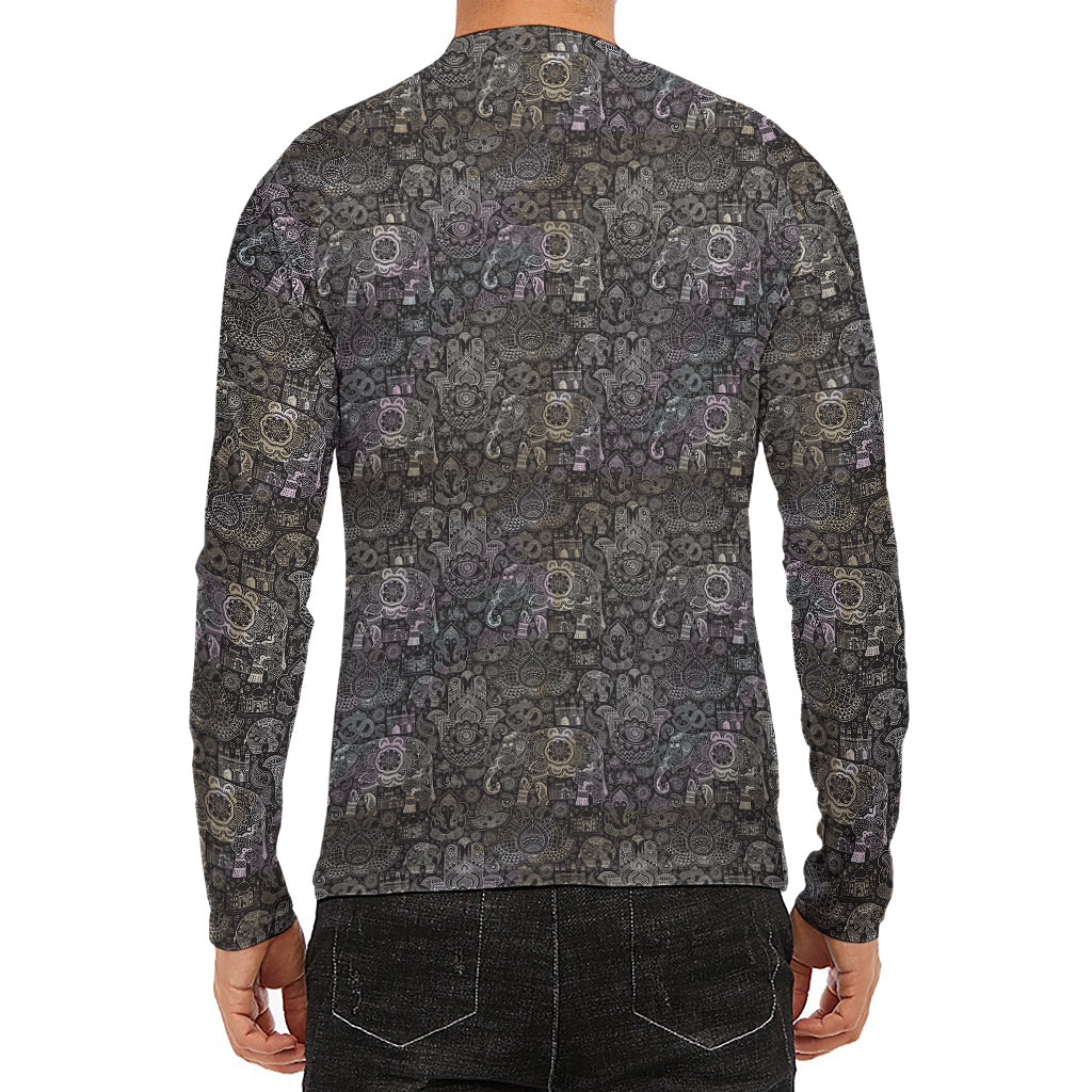 Indian Boho Elephant Pattern Print Men's Long Sleeve Rash Guard