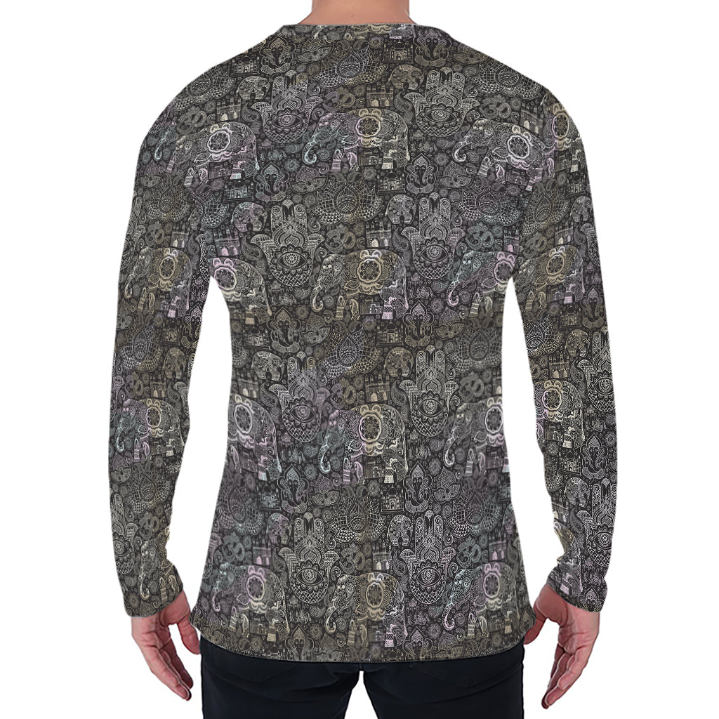 Indian Boho Elephant Pattern Print Men's Long Sleeve T-Shirt