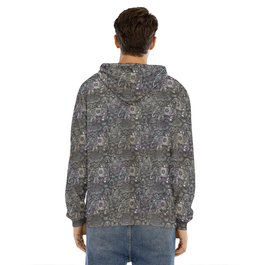 Indian Boho Elephant Pattern Print Men's Velvet Pullover Hoodie
