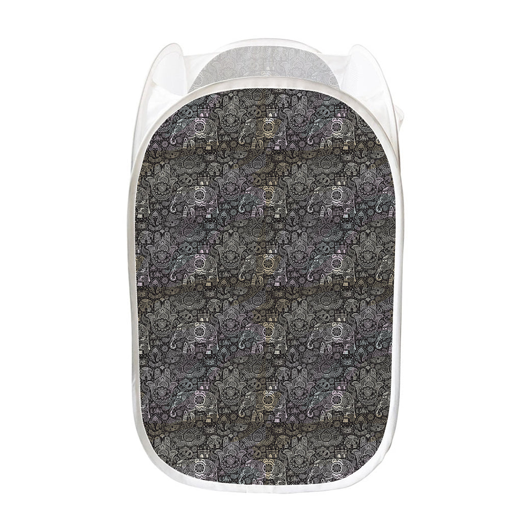 Indian Boho Elephant Pattern Print Mesh Laundry Hamper