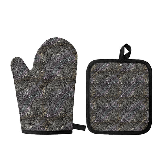Indian Boho Elephant Pattern Print Oven Mitt And Pot Holder Set