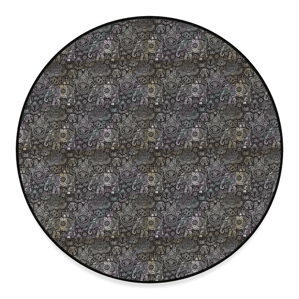 Indian Boho Elephant Pattern Print Round Floor Mat