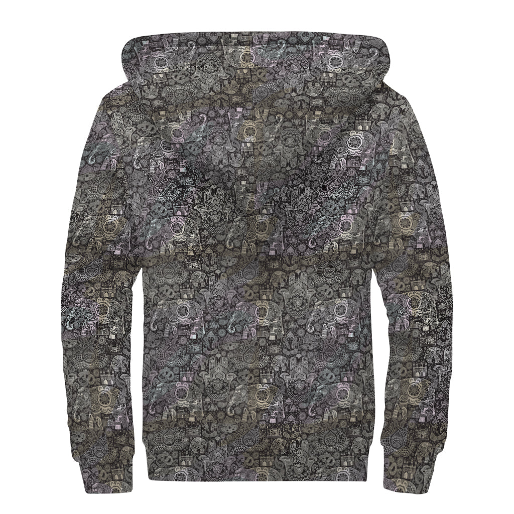 Indian Boho Elephant Pattern Print Sherpa Lined Zip Up Hoodie