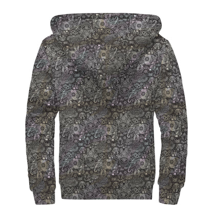 Indian Boho Elephant Pattern Print Sherpa Lined Zip Up Hoodie