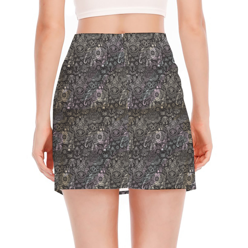 Indian Boho Elephant Pattern Print Side Slit Mini Skirt