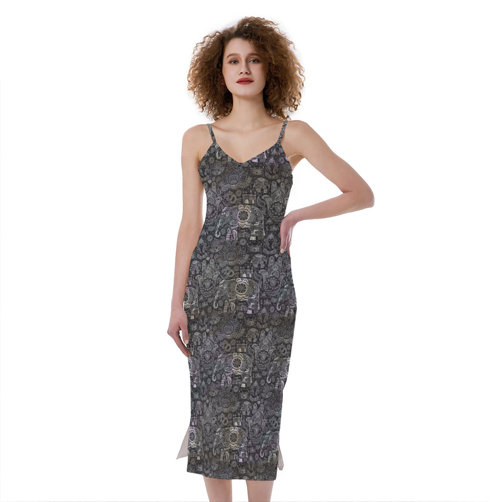 Indian Boho Elephant Pattern Print Slim Fit Midi Cami Dress