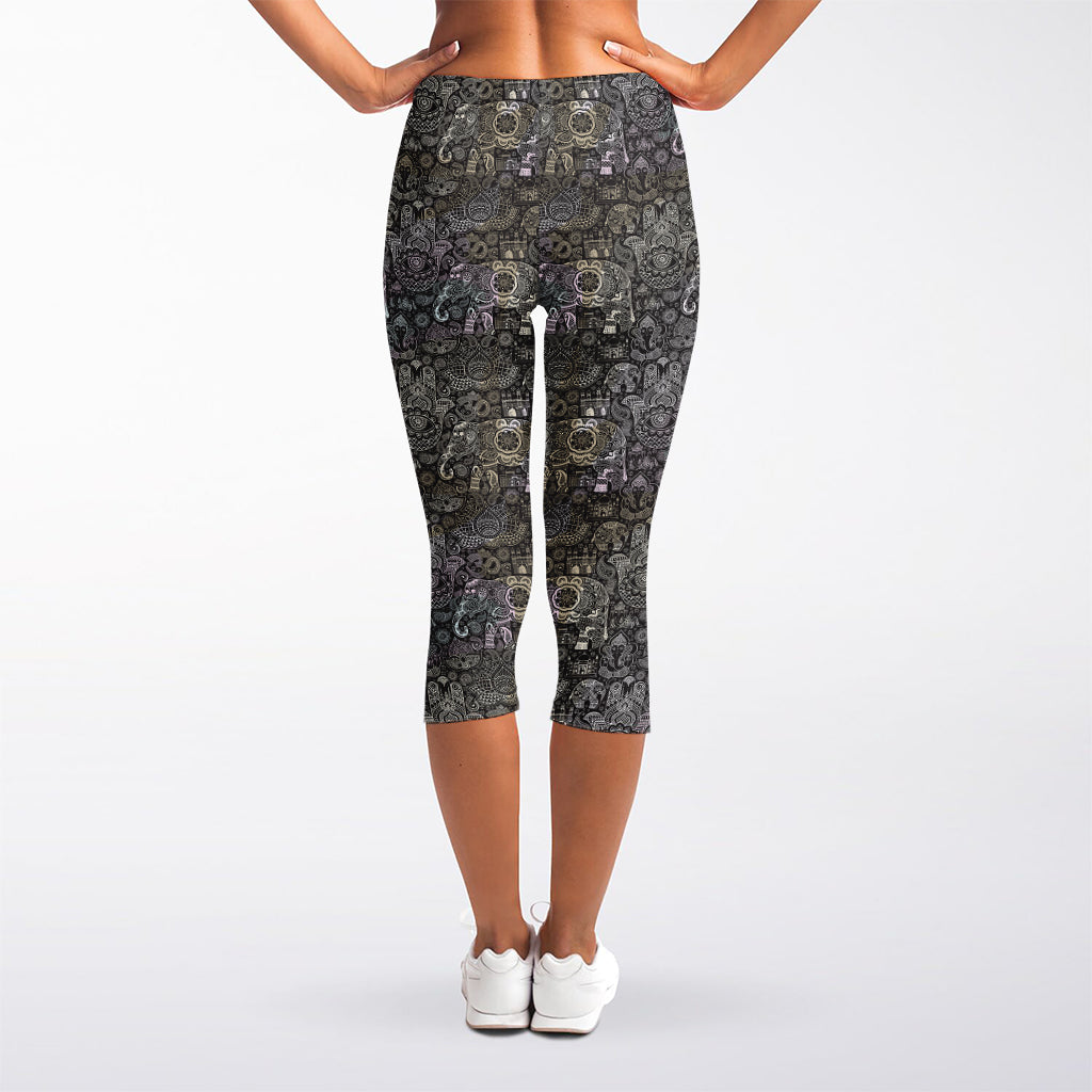 Indian Boho Elephant Pattern Print Women's Capri Leggings