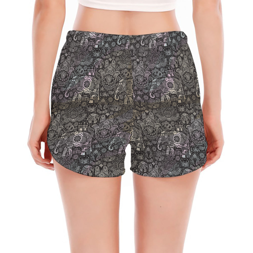 Indian Boho Elephant Pattern Print Women's Split Running Shorts