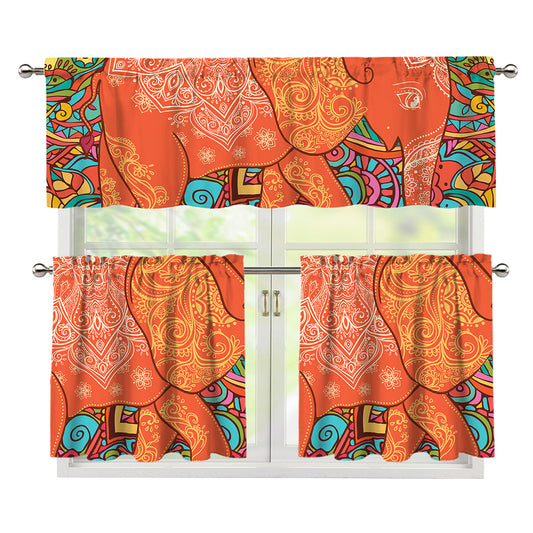Indian Boho Hippie Elephant Print 3 Piece Kitchen Curtains