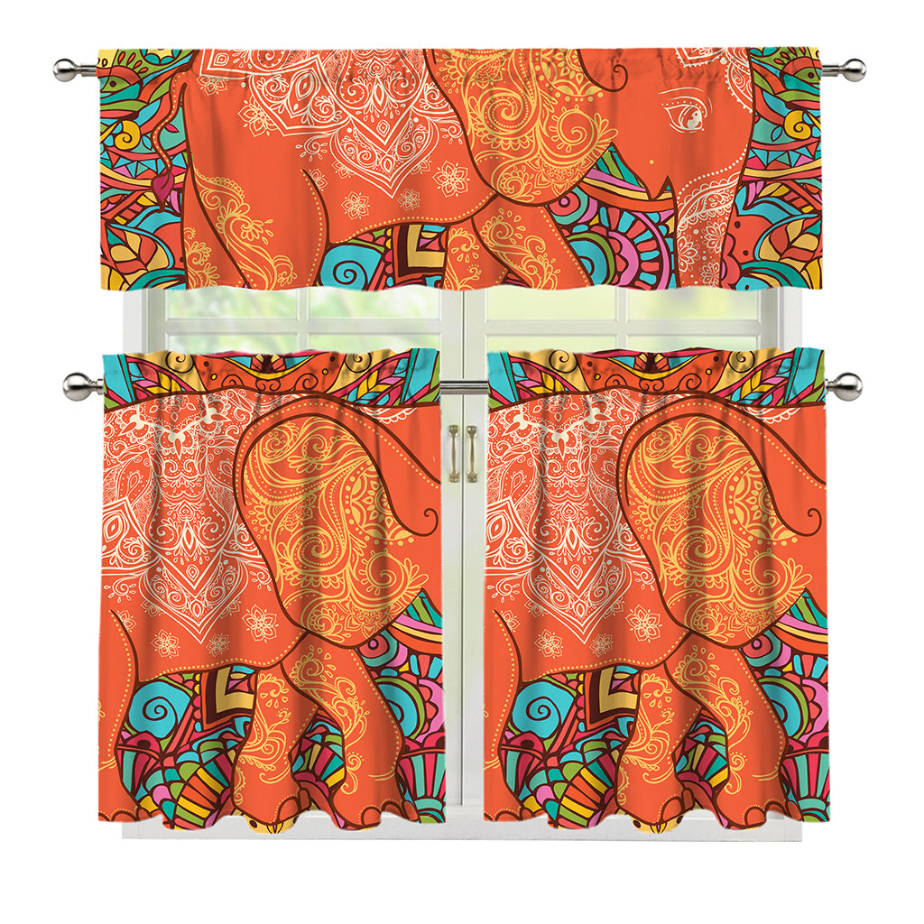 Indian Boho Hippie Elephant Print 3 Piece Kitchen Curtains