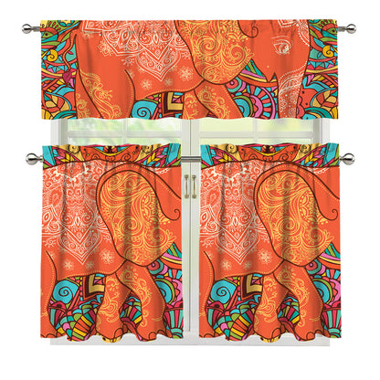 Indian Boho Hippie Elephant Print 3 Piece Kitchen Curtains