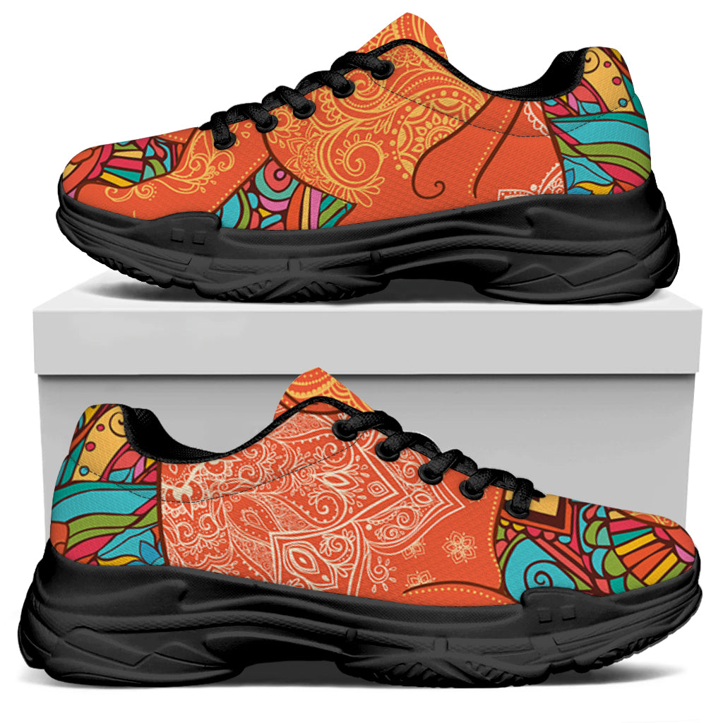 Indian Boho Hippie Elephant Print Black Chunky Shoes