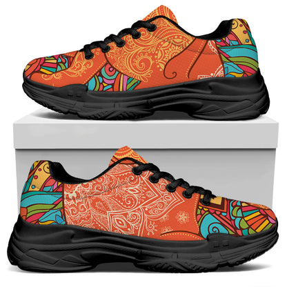 Indian Boho Hippie Elephant Print Black Chunky Shoes