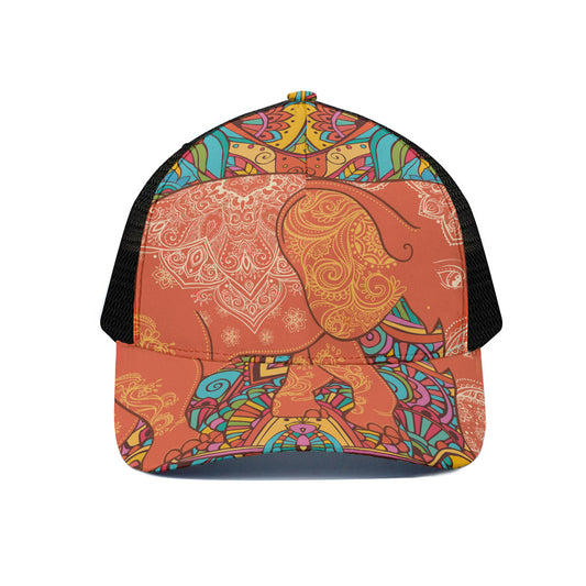 Indian Boho Hippie Elephant Print Black Mesh Trucker Cap