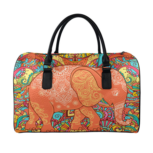 Indian Boho Hippie Elephant Print Leather Duffle Bag