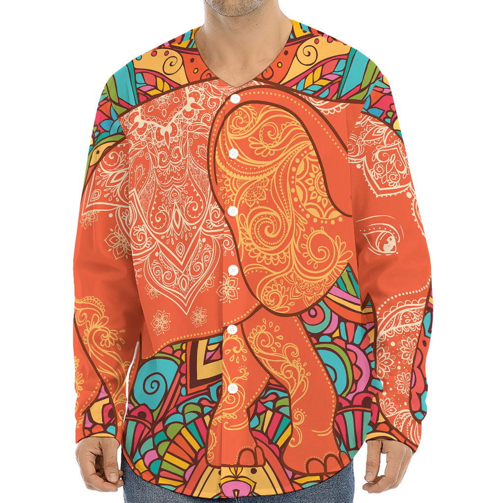 Indian Boho Hippie Elephant Print Long Sleeve Baseball Jersey