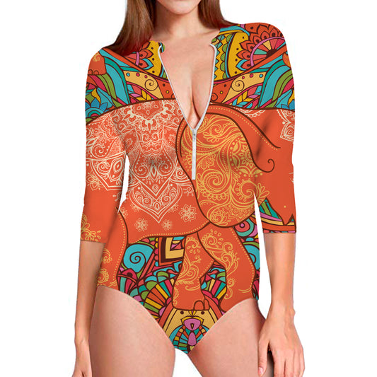 Indian Boho Hippie Elephant Print Long Sleeve Swimsuit