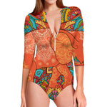 Indian Boho Hippie Elephant Print Long Sleeve Swimsuit